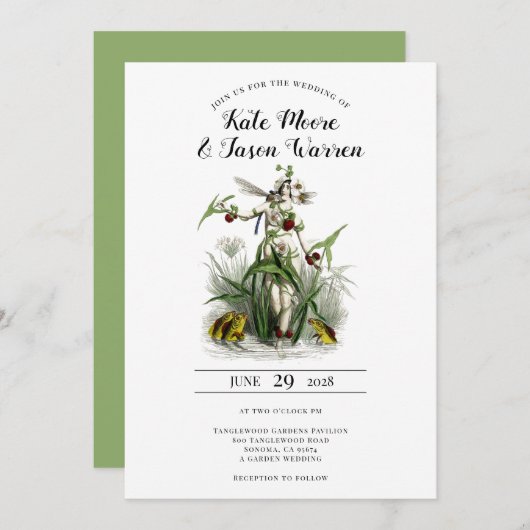 ヴィンテージエンチャントガーデンフェアリー結婚グリーン 招待状 (正面/裏面)