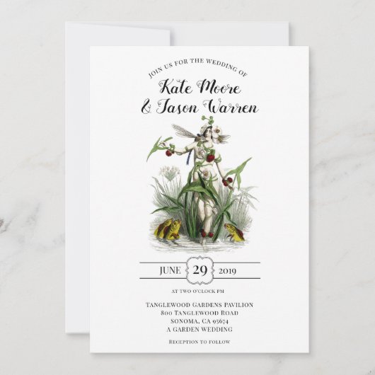 ヴィンテージエンチャントガーデンフェアリー結婚グリーン 招待状 (正面)
