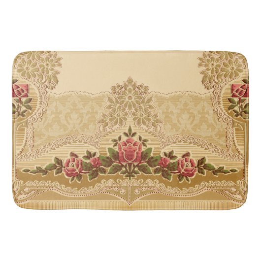 ヴィンテージエンボススタイル金ゴールド及び赤色フローラ バスマット (正面)