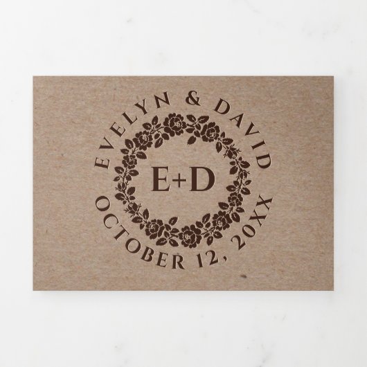 ヴィンテージエンボスバラリース、クラフト紙結婚ズ 三つ折り招待状 (カバー)