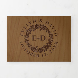 ヴィンテージエンボスバラリース、素朴な木結婚材 三つ折り招待状