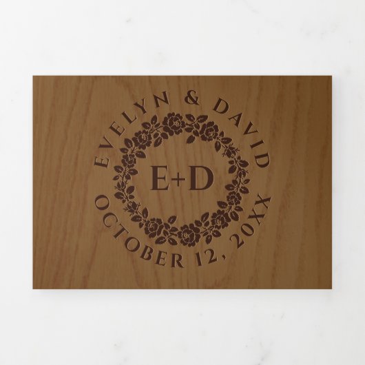 ヴィンテージエンボスバラリース、素朴な木結婚材 三つ折り招待状 (カバー)