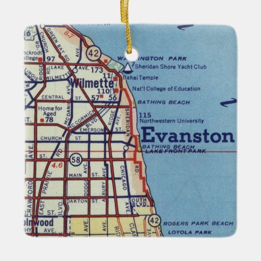 ヴィンテージエヴァンズタウンILの地図 セラミックオーナメント (正面)