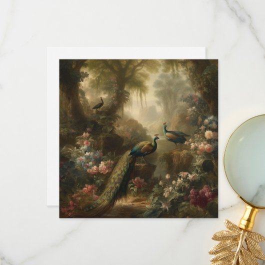 ヴィンテージオイルペイントの孔雀 英国庭園 サンキューカード (正面/裏面インサイチュ)