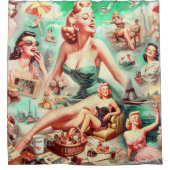 ヴィンテージオイル塗装コラージピンアップ シャワーカーテン (正面)