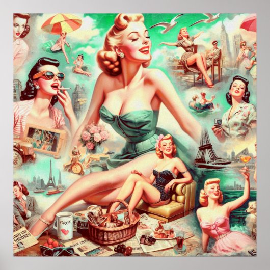 ヴィンテージオイル塗装コラージピンアップ ポスター (正面)