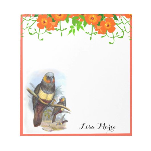 ヴィンテージオウムかわいらしとオレンジの花のペルソナライズ ノートパッド (正面)