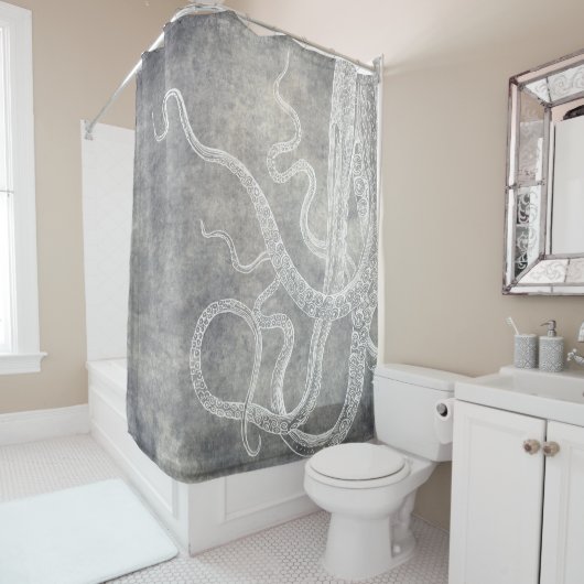 ヴィンテージオクトパスシルバーピューターグレーウォーターカラー シャワーカーテン (インサイチュ)