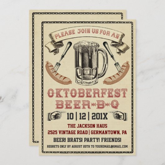 ヴィンテージオクトーバーフェストBeer-B-Qパーティの招待状 招待状 (正面/裏面)