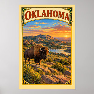 ヴィンテージオクラホマ ウィチタ山脈アメリカンバイソン旅行 ポスター