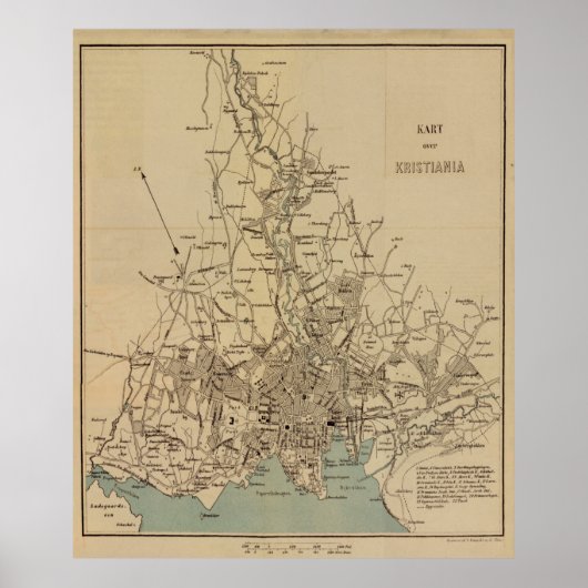 ヴィンテージオスロ・ノルウェーの地図(1881) ポスター (正面)