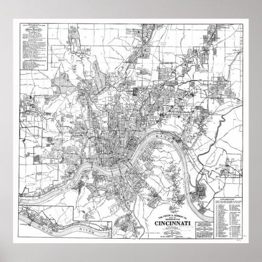 ヴィンテージオハイオ州シンシナティの地図(1915) BW ポスター (正面)