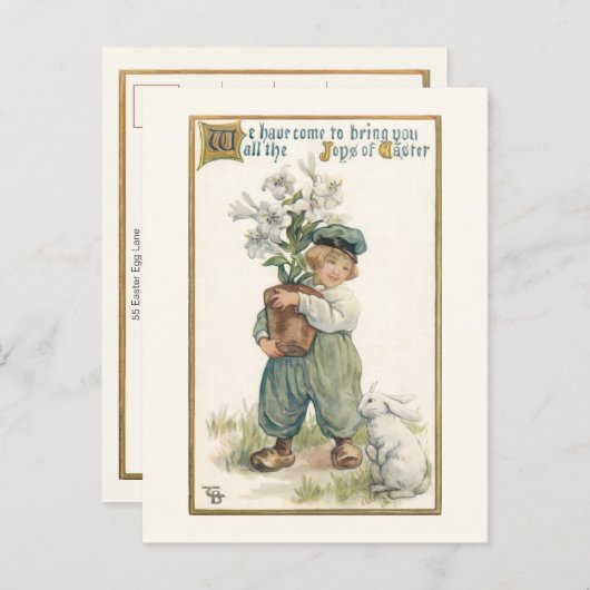 ヴィンテージオランダの少年とイースターリリーとバニー ポストカード (正面/裏面)