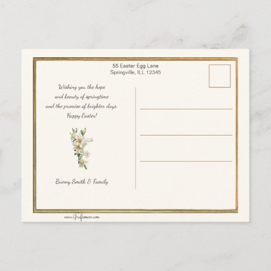 ヴィンテージオランダの少年とイースターリリーとバニー ポストカード (裏面)