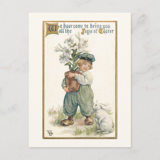 ヴィンテージオランダの少年とイースターリリーとバニー ポストカード (正面)