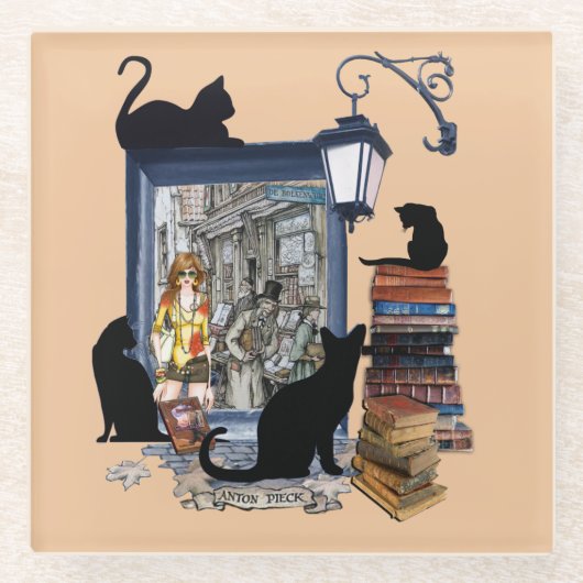 ヴィンテージオランダアーティスト&黒猫 ガラスコースター (正面)