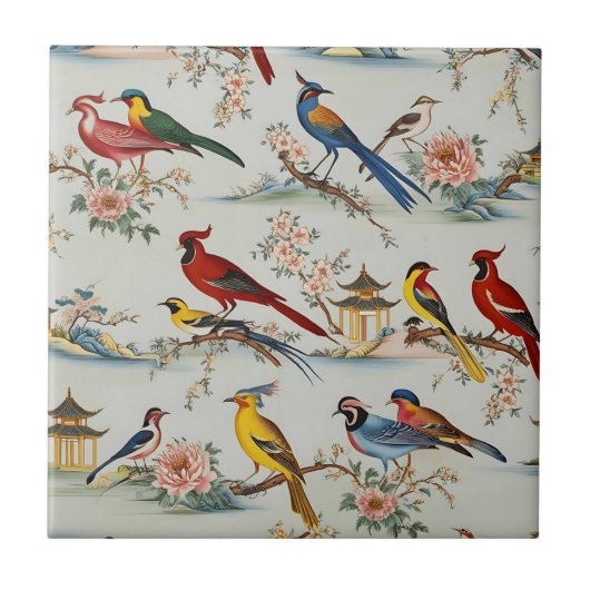 ヴィンテージオリエンタルチノワズリーの鳥花 タイル (正面)