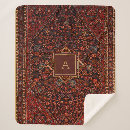 ヴィンテージオリエンタルラグモノグラムレッドブルゴーニュ金ゴールド シェルパブランケット (正面)