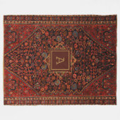 ヴィンテージオリエンタルラグモノグラムレッドブルゴーニュ金ゴールド フリースブランケット (正面(横))