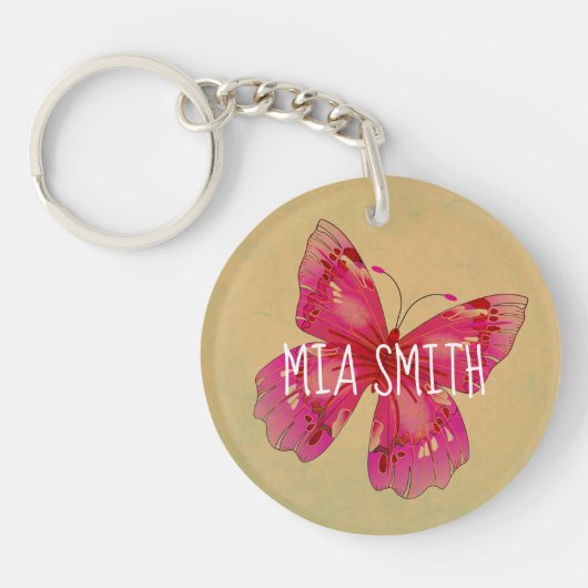 ヴィンテージオリエンタル・ピンクの蝶パーソナライズされたの名前 キーホルダー (正面)