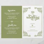 ヴィンテージオリーブグリーンアンティークフレーム結婚式プログラム (正面)