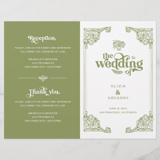 ヴィンテージオリーブグリーンアンティークフレーム結婚式プログラム (正面)