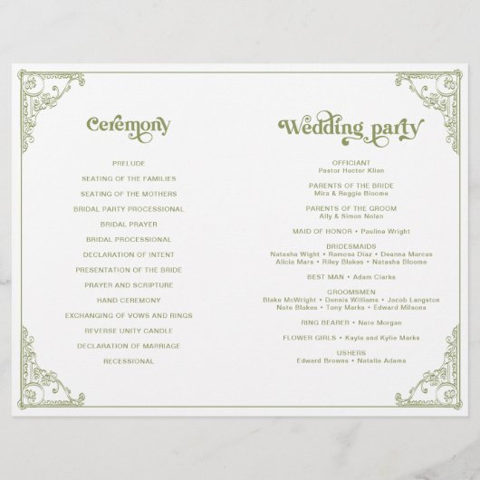 ヴィンテージオリーブグリーンアンティークフレーム結婚式プログラム (裏面)