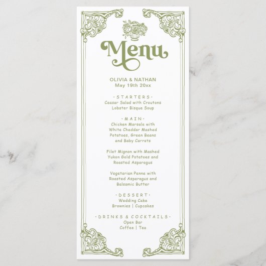 ヴィンテージオリーブグリーンアンティークフレ結婚ームズディナー メニュー (正面)
