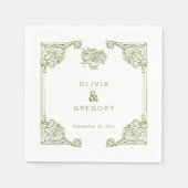 ヴィンテージオリーブグリーンアンティークフレ結婚ーム スタンダードカクテルナプキン (正面)