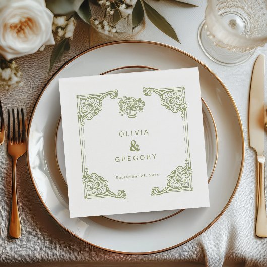 ヴィンテージオリーブグリーンアンティークフレ結婚ーム スタンダードカクテルナプキン