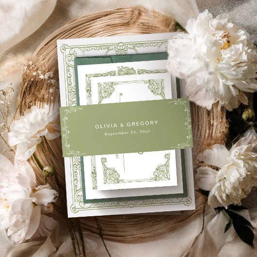 ヴィンテージオリーブグリーンアンティークフレ結婚ーム 招待状ベリーバンド