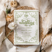 ヴィンテージオリーブグリーンアンティーク結婚ズ 招待状