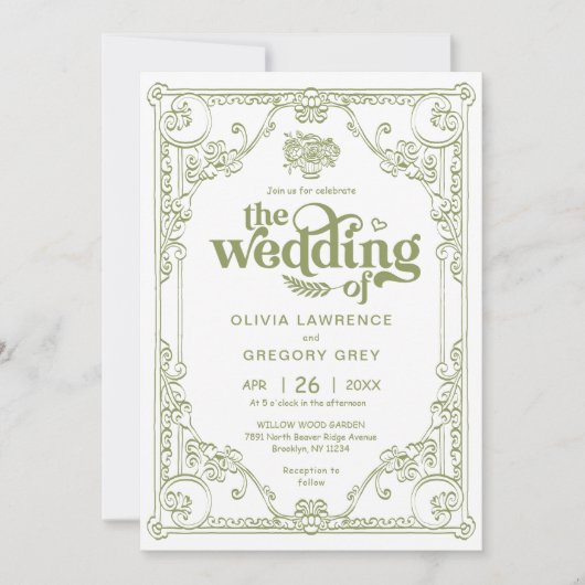 ヴィンテージオリーブグリーンアンティーク結婚ズ 招待状 (正面)