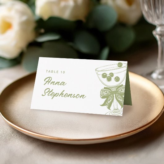 ヴィンテージオリーブグリーンチノイスリーシャンパングラス プレイスカード