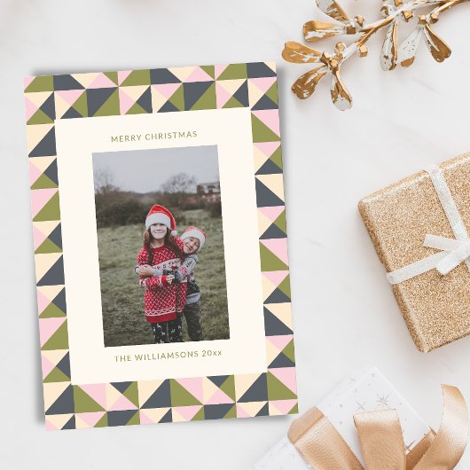 ヴィンテージオリーブグリーンピンククリスマスジオメトリックフォト シーズンカード