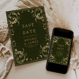 ヴィンテージオリーブグリーン金ゴールド結婚式の日付を保存 招待状
