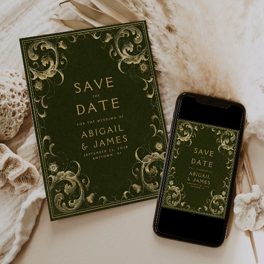 ヴィンテージオリーブグリーン金ゴールド結婚式の日付を保存 招待状