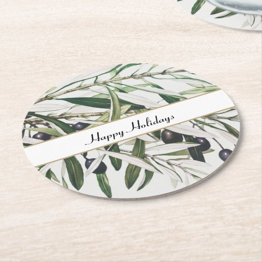 ヴィンテージオリーブブランチハッピーホリデイズ ラウンドペーパーコースター (アングル)