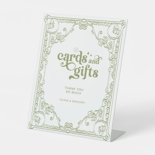 ヴィンテージオリーブ緑の結婚式のカードとギフト 台座サイン (正面)