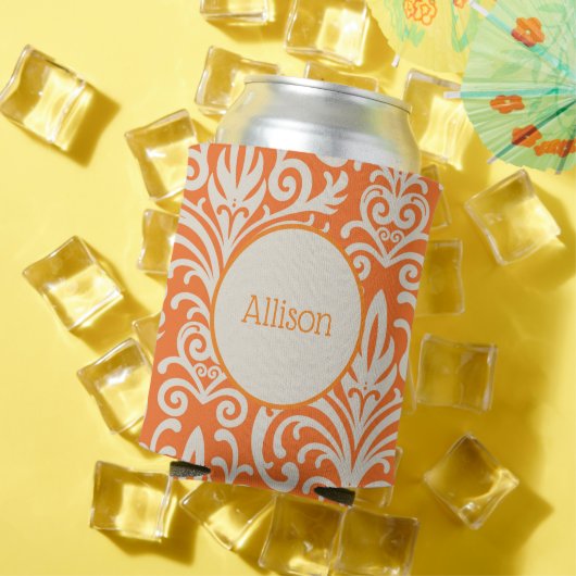 ヴィンテージオレンジとホワイトダマスクパーソナライズされた 缶クーラー (インサイチュ 夏)