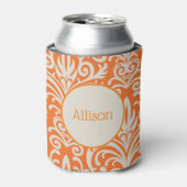 ヴィンテージオレンジとホワイトダマスクパーソナライズされた 缶クーラー (缶正面)