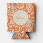 ヴィンテージオレンジとホワイトダマスクパーソナライズされた 缶クーラー (正面)