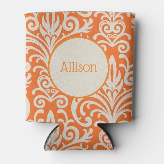 ヴィンテージオレンジとホワイトダマスクパーソナライズされた 缶クーラー (正面)