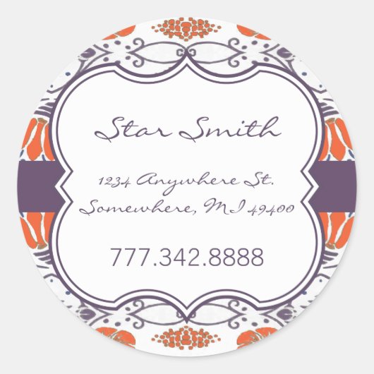 ヴィンテージオレンジと紫の渦巻形のフローラ ラウンドシール (正面)