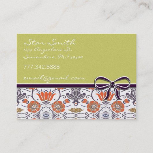 ヴィンテージオレンジと紫の花渦巻形の柄 名刺 (正面)