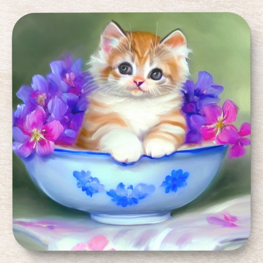 ヴィンテージオレンジアンドホワイトキットンイラストレーション コースター (正面)