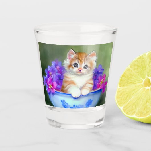 ヴィンテージオレンジアンドホワイトキットンイラストレーション ショットグラス (正面)