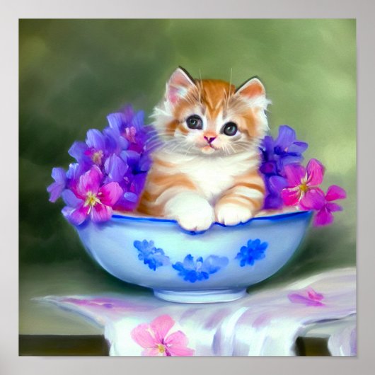 ヴィンテージオレンジアンドホワイトキットンイラストレーション ポスター (正面)