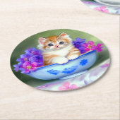 ヴィンテージオレンジアンドホワイトキットンイラストレーション ラウンドペーパーコースター (アングル)