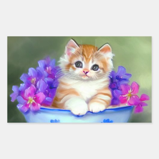 ヴィンテージオレンジアンドホワイトキットンイラストレーション 長方形シール (正面)